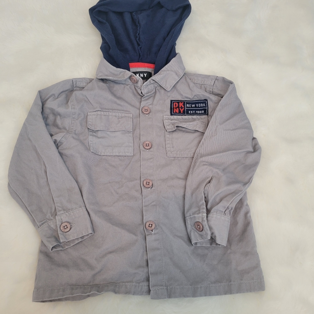 DKNY Boys size 5 Grey Denim-like shirt with Navy Blue Hoodie